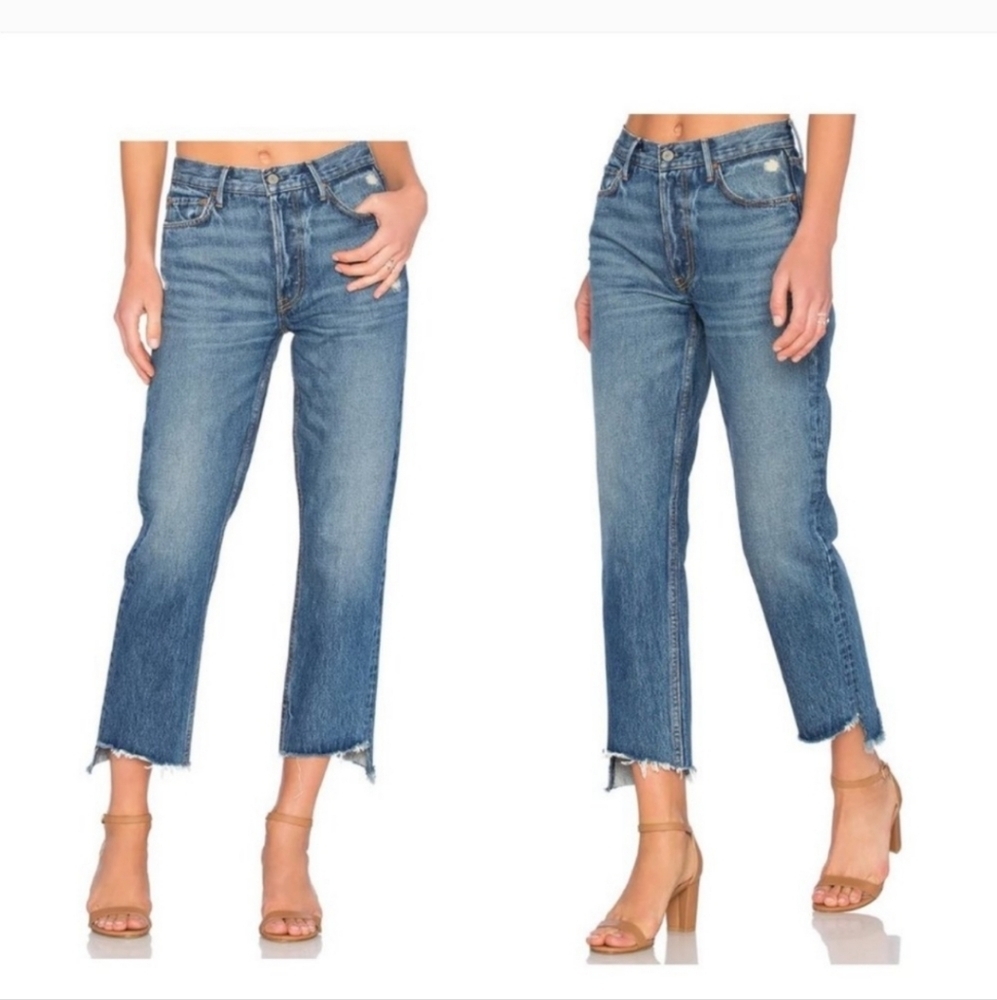 GRLFRND Helena High Rise Buttton Fly Straight Leg Raw Hem Blue Jeans Size 31